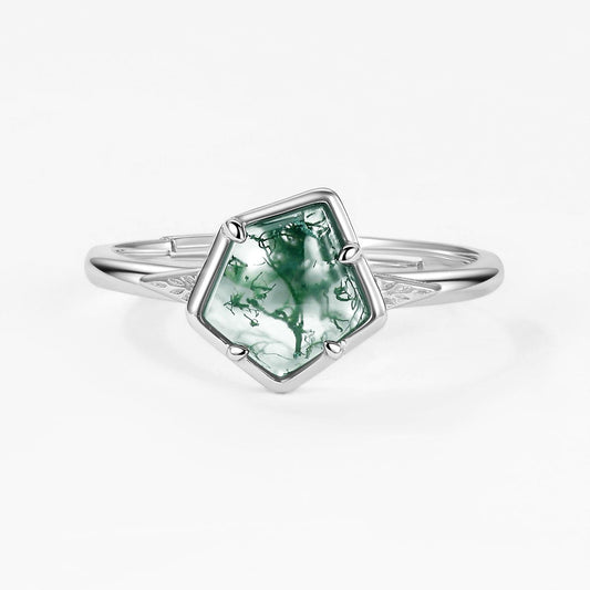 Unique Pentagon Moss Agate Leafy Bezel Engagement Ring.
