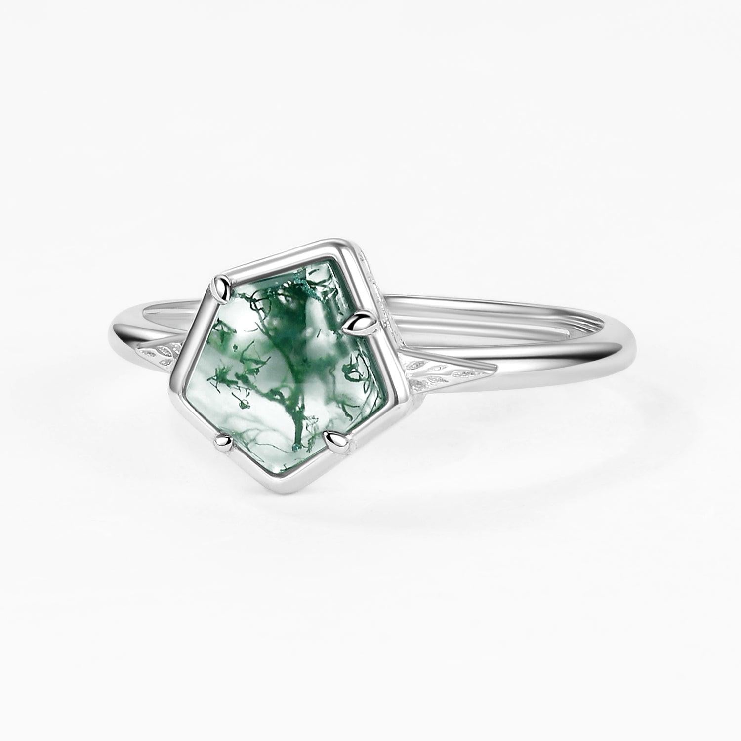 Unique Pentagon Moss Agate Leafy Bezel Engagement Ring.