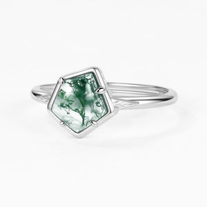 Unique Pentagon Moss Agate Leafy Bezel Engagement Ring.