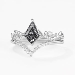 Branch Kite Cut Natural Moss Agate Minimalist Engagement Ring Sets 2pcs - Crest.