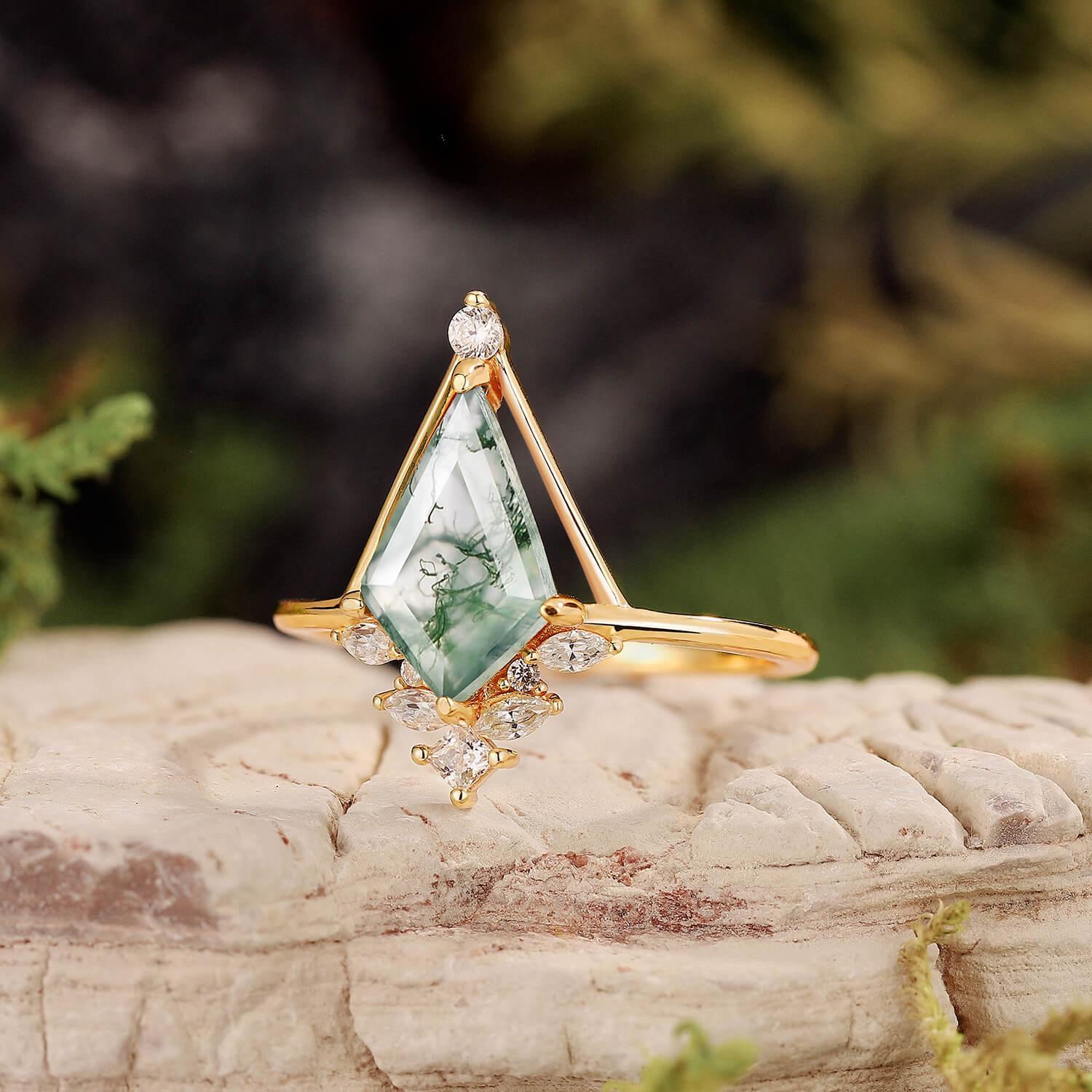 Unique Kite Cut Moss Agate Engagement Ring.