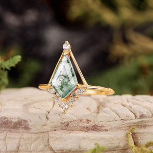 Unique Kite Cut Moss Agate Engagement Ring.