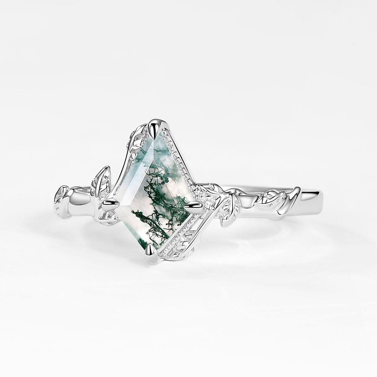Delphine’s Twine | Kite Cut Moss Agate Leafy Engagement Ring.