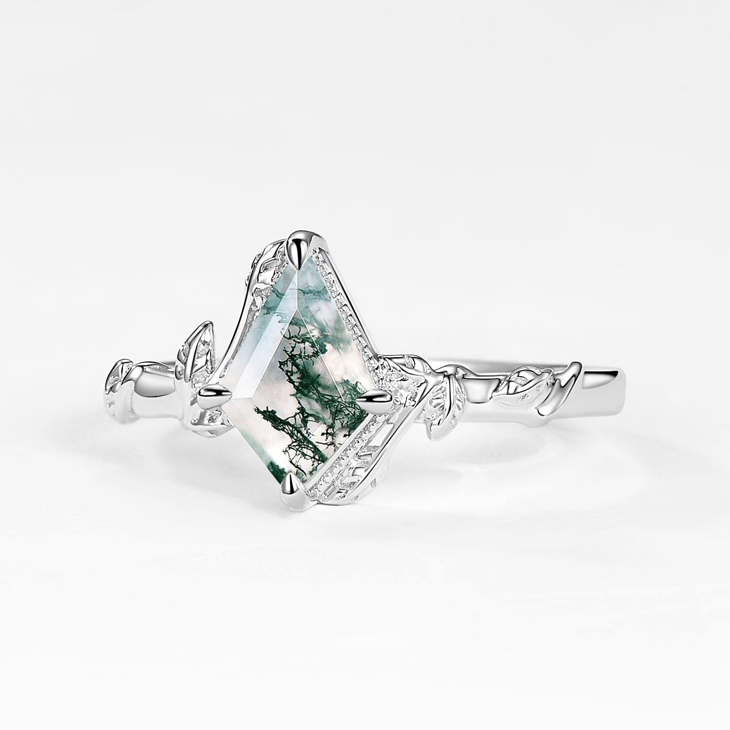 Delphine’s Twine | Kite Cut Moss Agate Leafy Engagement Ring.