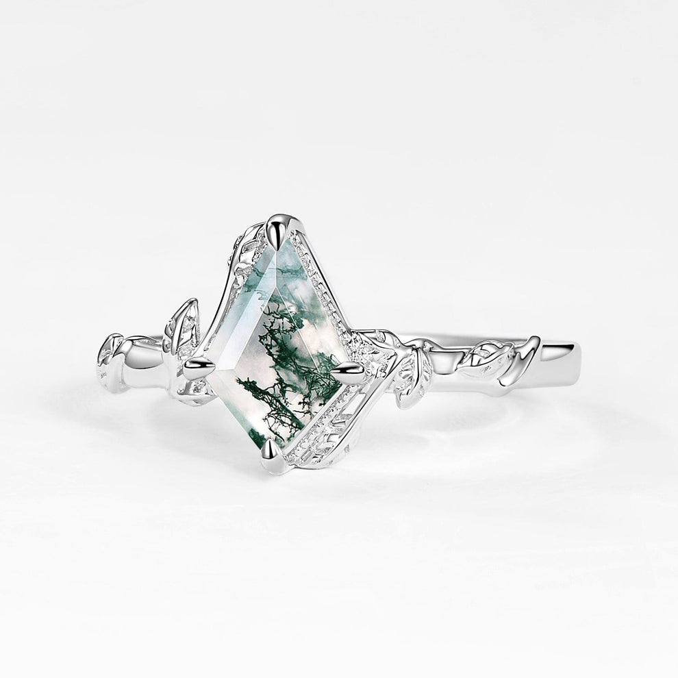 Delphine’s Twine | Kite Cut Moss Agate Leafy Engagement Ring.