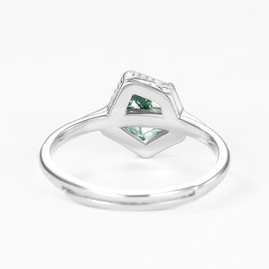 Unique Pentagon Moss Agate Leafy Bezel Engagement Ring.