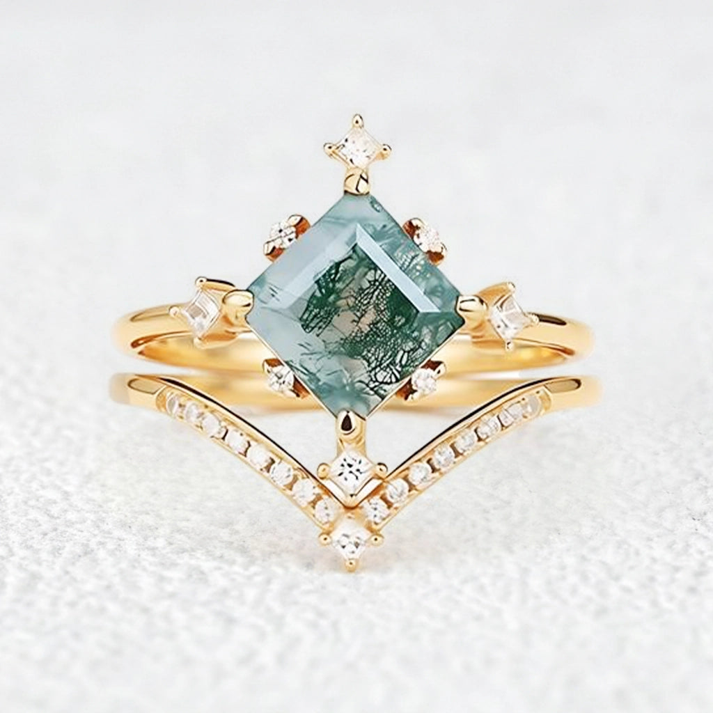 Nature Inspired Square Cut Moss Agate Promise Ring Set.