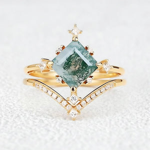 Nature Inspired Square Cut Moss Agate Promise Ring Set.