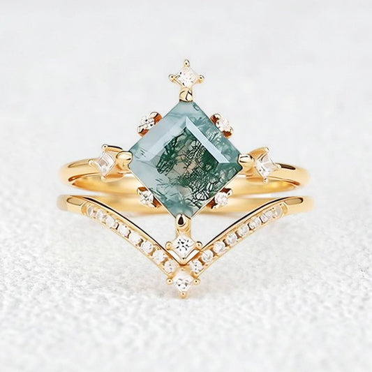 Nature Inspired Square Cut Moss Agate Promise Ring Set.