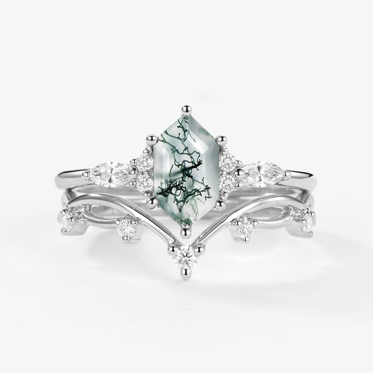 Flora’s Stem | Long Hexagon Moss Agate Engagement Ring Set 2pcs.