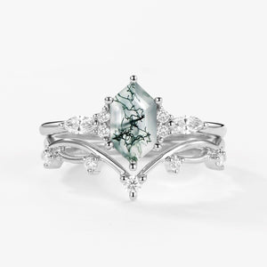 Flora’s Stem | Long Hexagon Moss Agate Engagement Ring Set 2pcs.