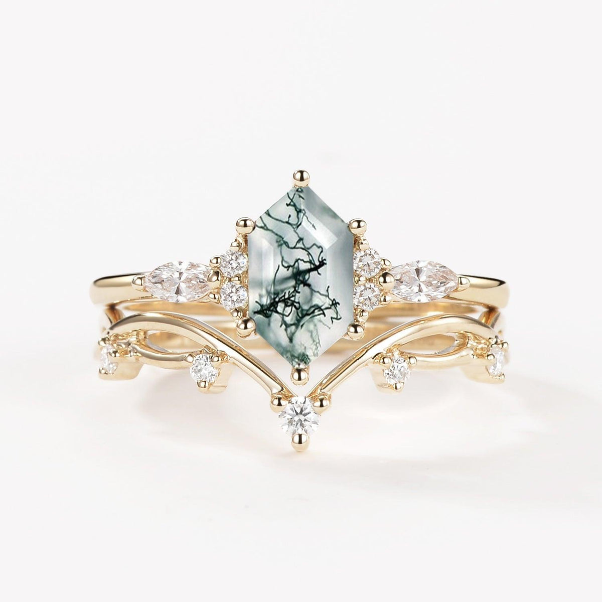 Flora’s Stem | Long Hexagon Moss Agate Engagement Ring Set 2pcs.