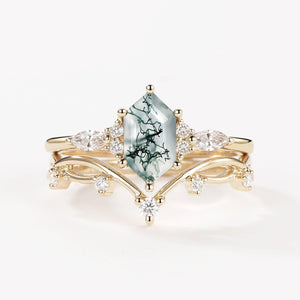 Flora’s Stem | Long Hexagon Moss Agate Engagement Ring Set 2pcs.
