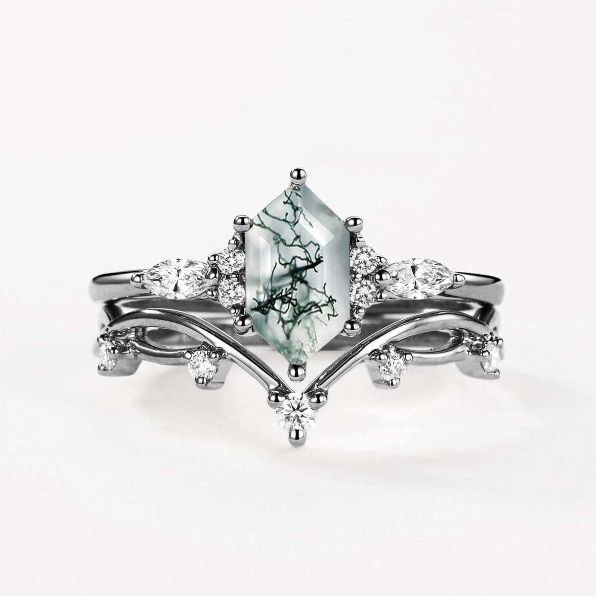 Flora’s Stem | Long Hexagon Moss Agate Engagement Ring Set 2pcs.