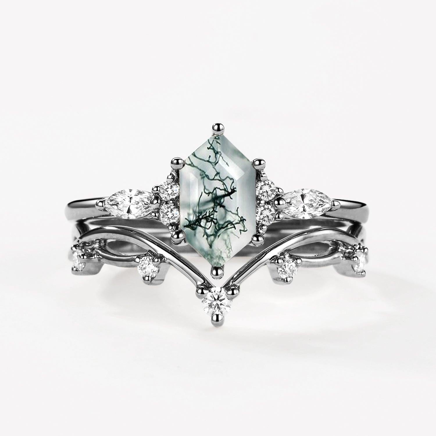 Flora’s Stem | Long Hexagon Moss Agate Engagement Ring Set 2pcs.