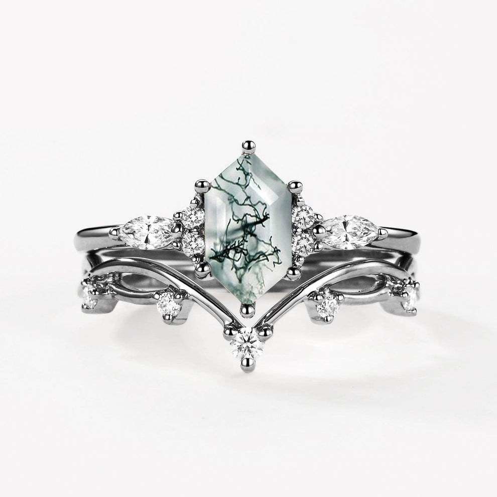 Ona Black Gold Long Hexagon Moss Agate Leafy Ring Set 2pcs.