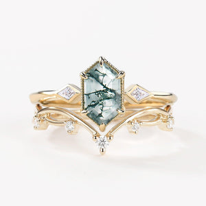 1.5ct Hexagon Moss Agate Three Stone Kite Ring Set 2PCS.