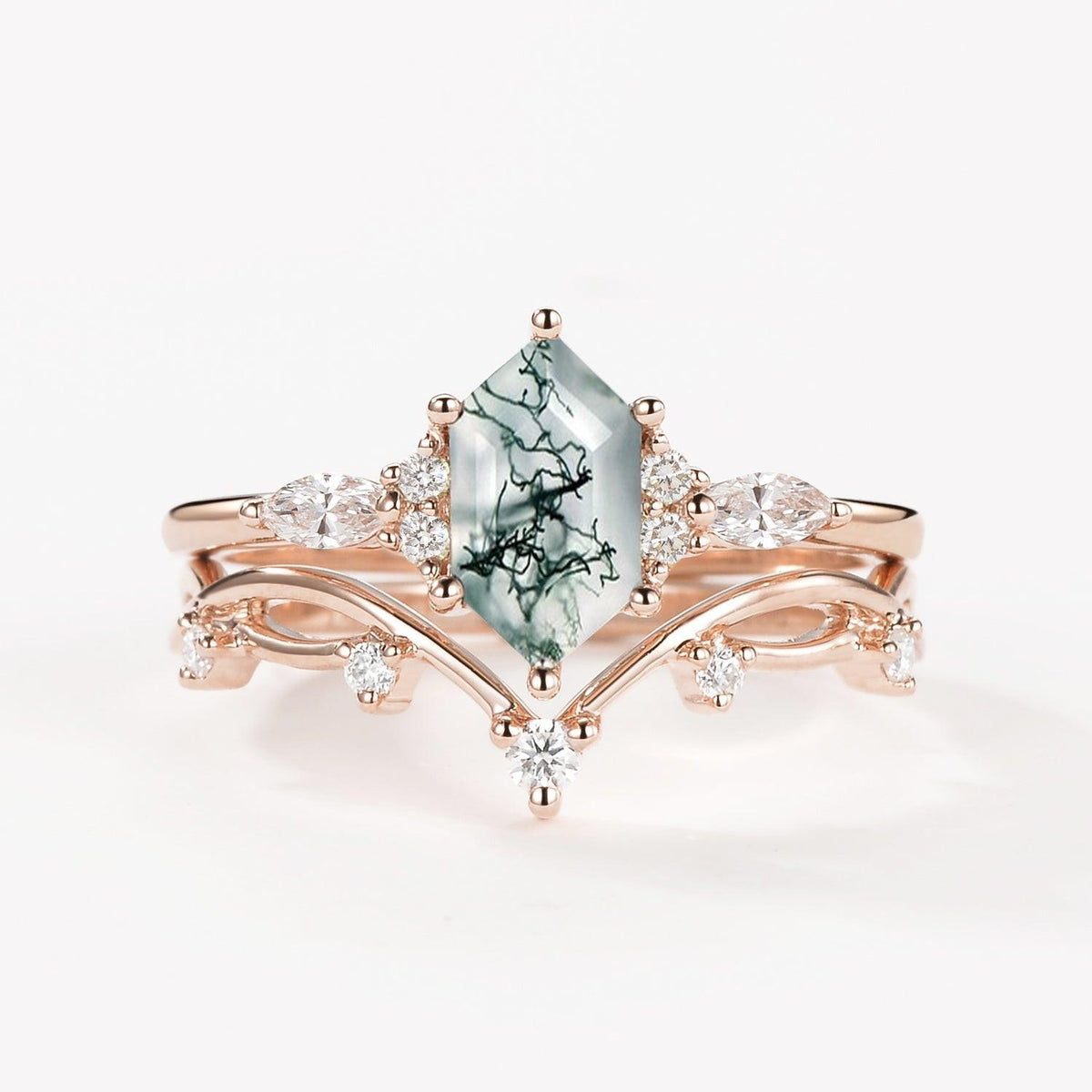 Flora’s Stem | Long Hexagon Moss Agate Engagement Ring Set 2pcs.
