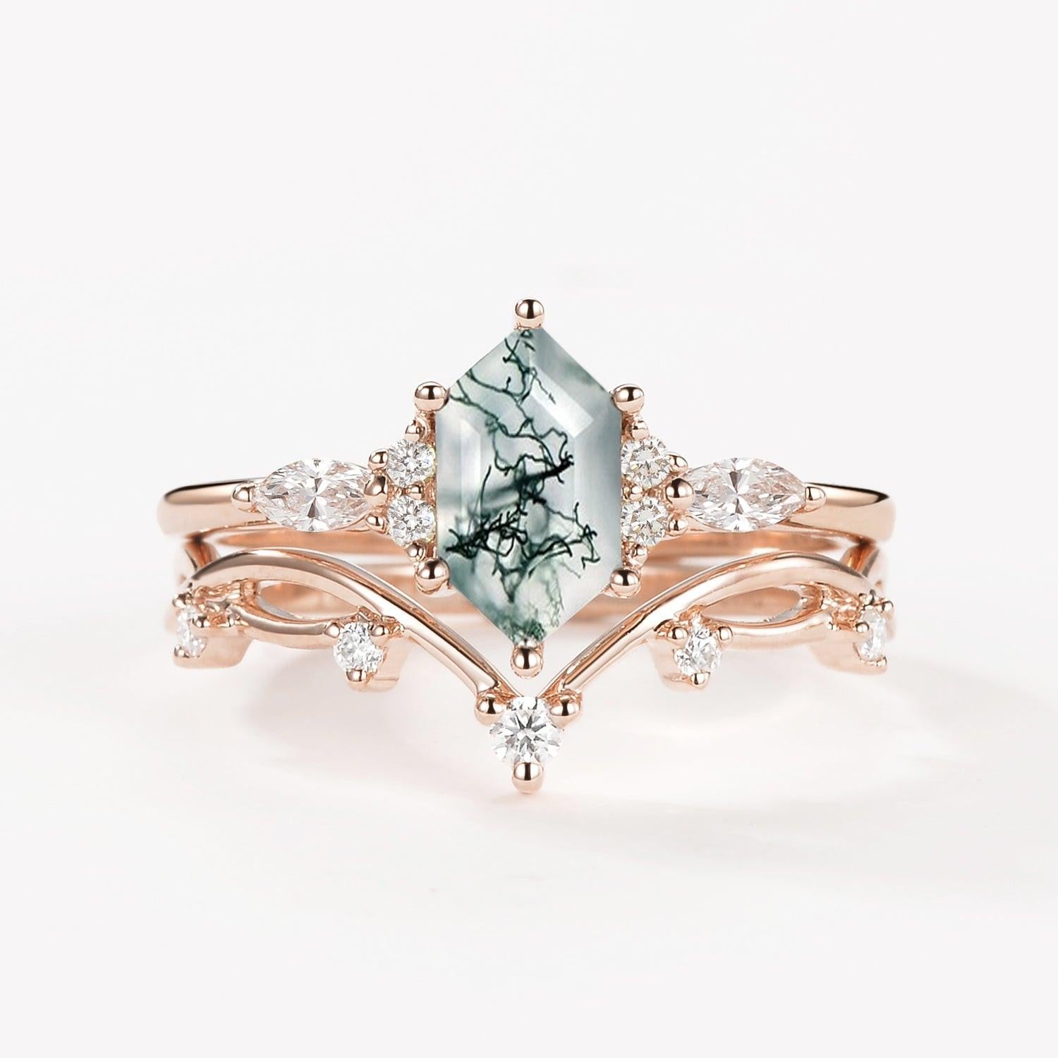 Flora’s Stem | Long Hexagon Moss Agate Engagement Ring Set 2pcs.
