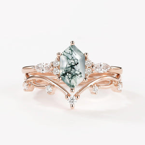 Flora’s Stem | Long Hexagon Moss Agate Engagement Ring Set 2pcs.