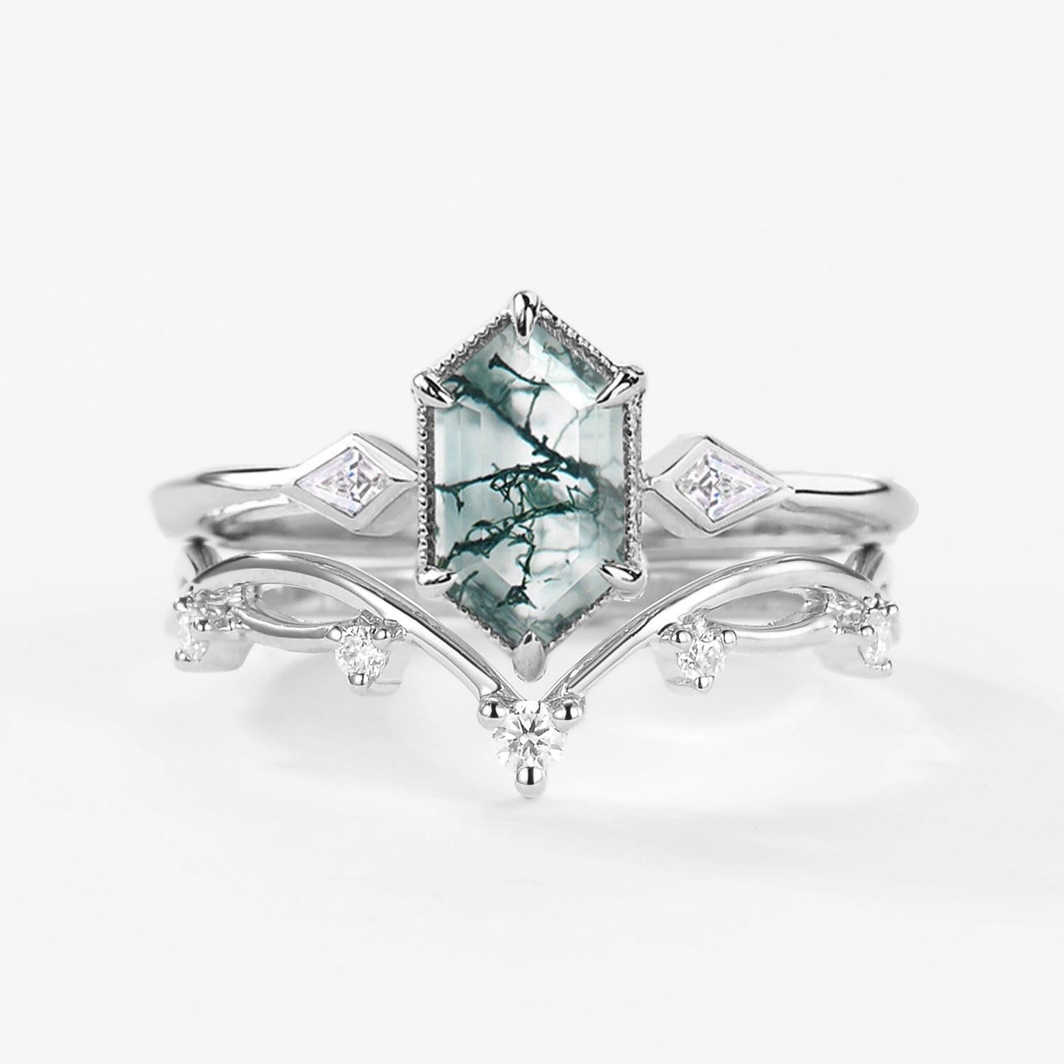 1.5ct Hexagon Moss Agate Three Stone Kite Ring Set 2PCS.