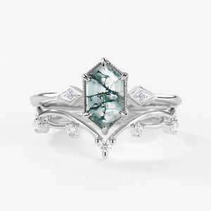 1.5ct Hexagon Moss Agate Three Stone Kite Ring Set 2PCS.