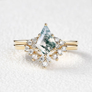 Kite Cut Moss Agate Pearl Engagement Ring Set 2pcs.