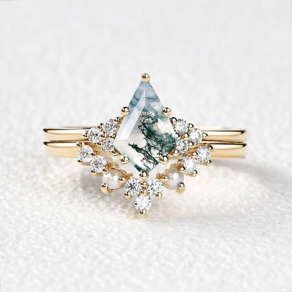 Kite Cut Moss Agate Pearl Engagement Ring Set 2pcs.