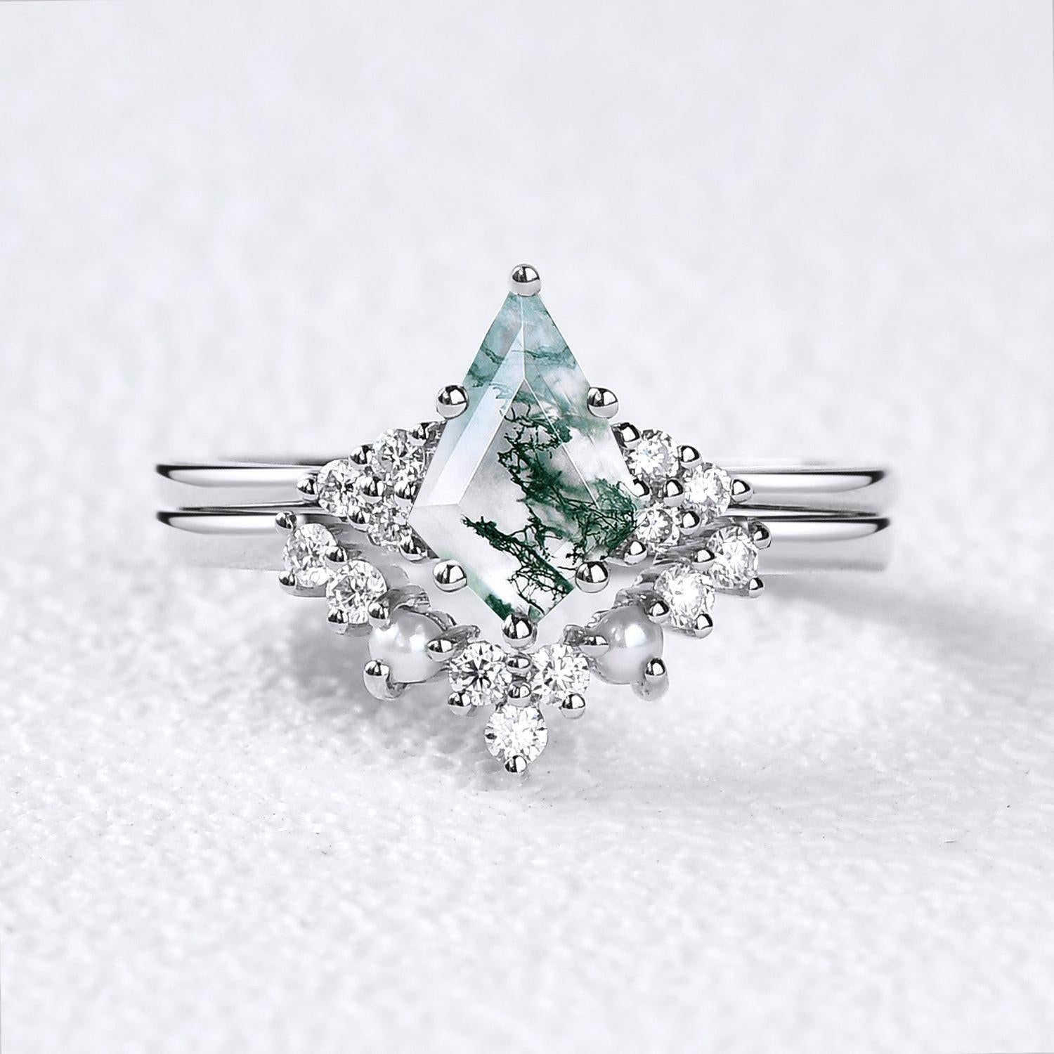 Kite Cut Moss Agate Pearl Engagement Ring Set 2pcs.