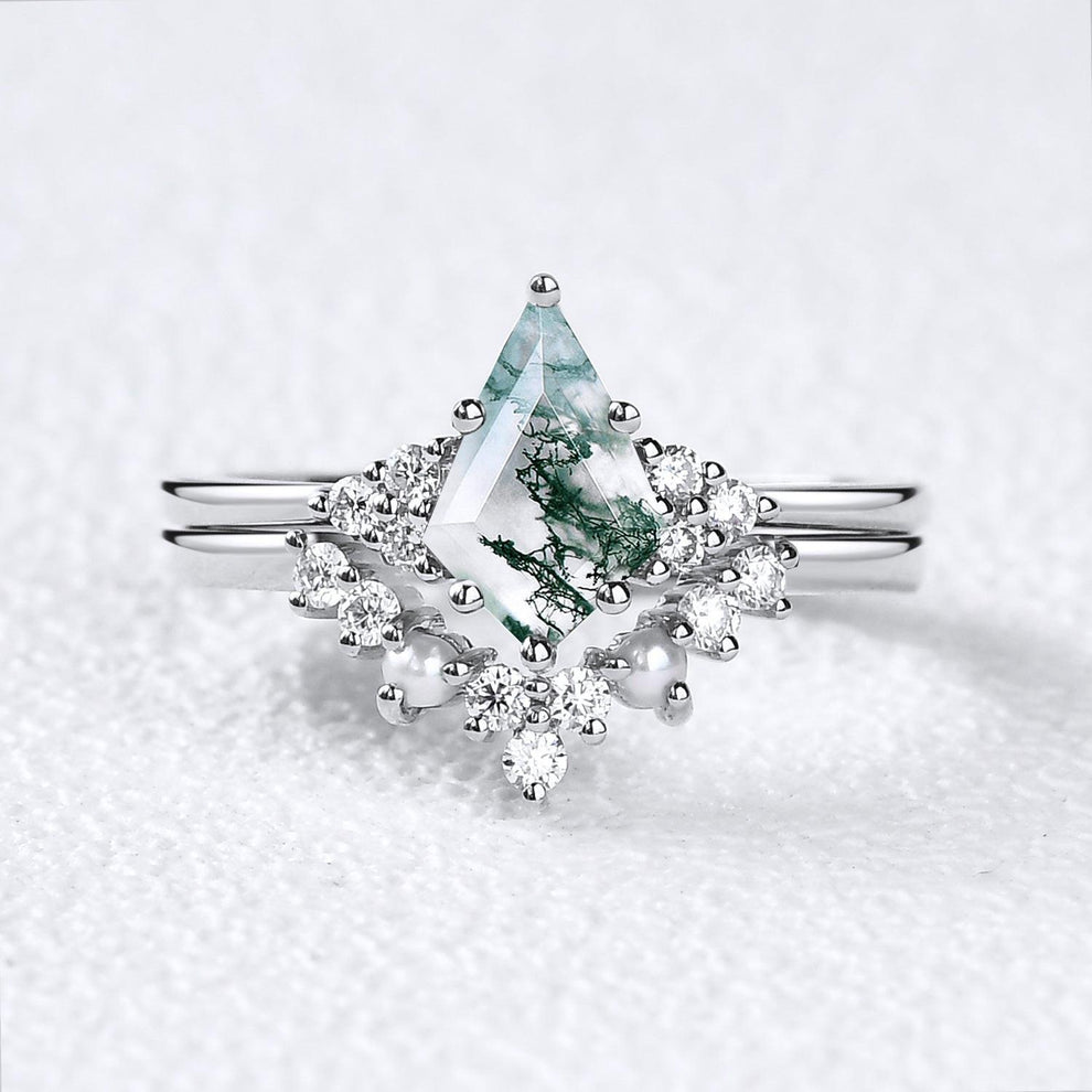 Kite Cut Moss Agate Pearl Engagement Ring Set 2pcs.
