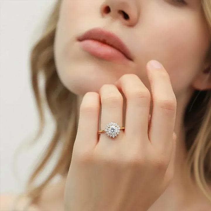 Sunflower Moissanite Halo Yellow Gold Inspired Ring.