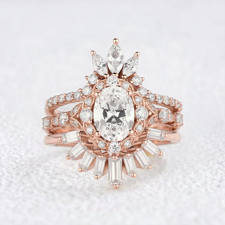Victoria’s Coronet | Oval Cut Moissanite Sunflower Ring Set 3pcs.
