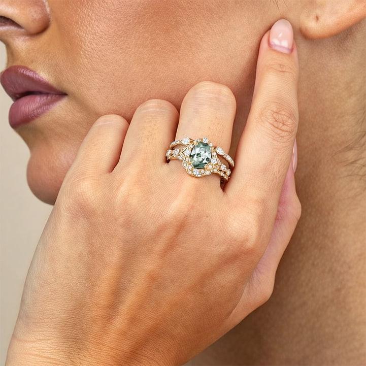 Unique Oval Cut Moss Agate Cluster Engagement Ring Set 3pcs.