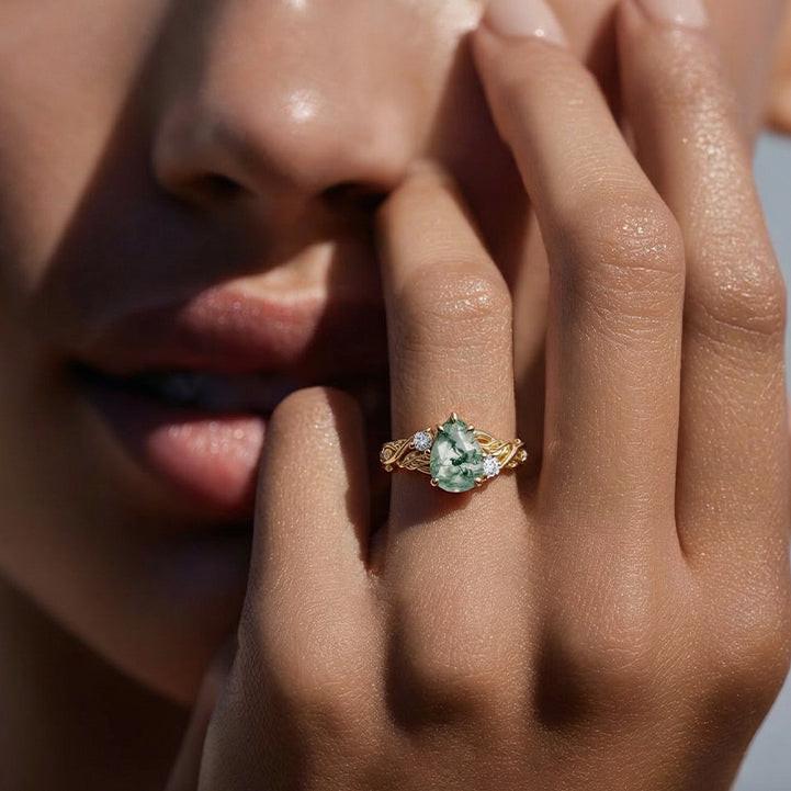 Pear Cut Moss Agate Nature Inspired Engagement Ring.