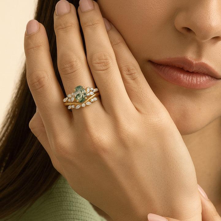 Aurora’s Constellation | Oval Cut Moss Agate & Marquise Moissanite Bridal Set 2pcs.
