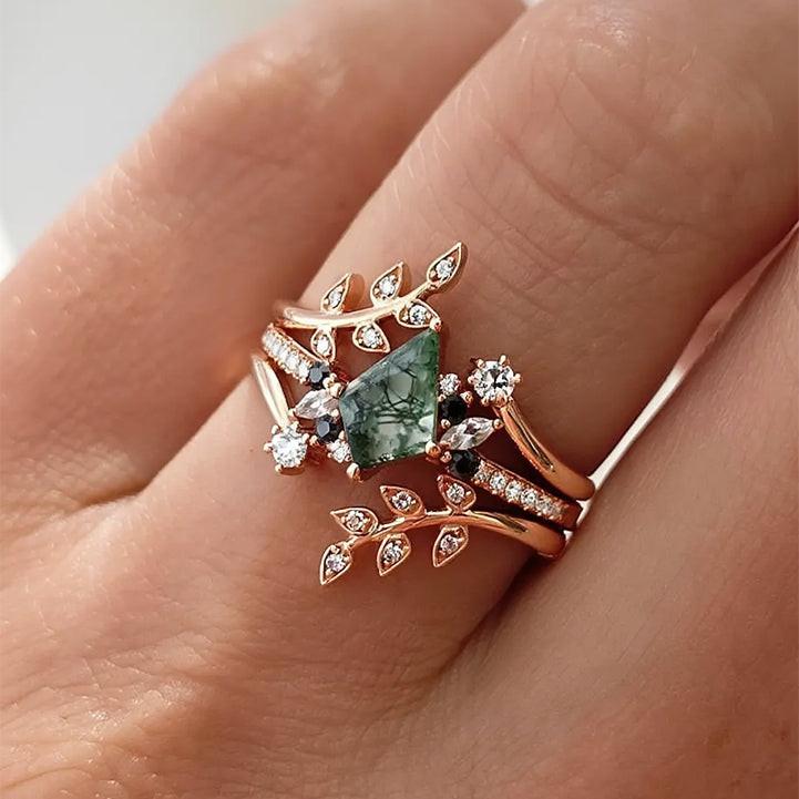 Philomena’s Entwine | Kite Cut Moss Agate & Black Moissanite Leafy Bridal Set 3pcs.