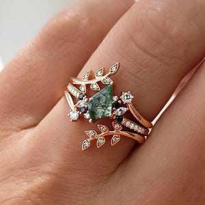 Philomena’s Entwine | Kite Cut Moss Agate & Black Moissanite Leafy Bridal Set 3pcs.