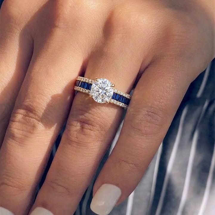 The Ocean Aurora | 1 Carat Round Moissanite & Blue Baguette Ring.