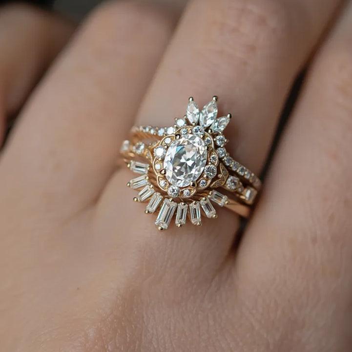 Victoria’s Coronet | Oval Cut Moissanite Sunflower Ring Set 3pcs.
