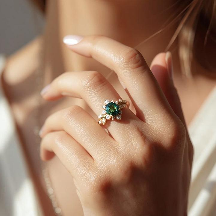 Elara‘s Bloom | Natural Blue-Green Sapphire Engagement Ring.