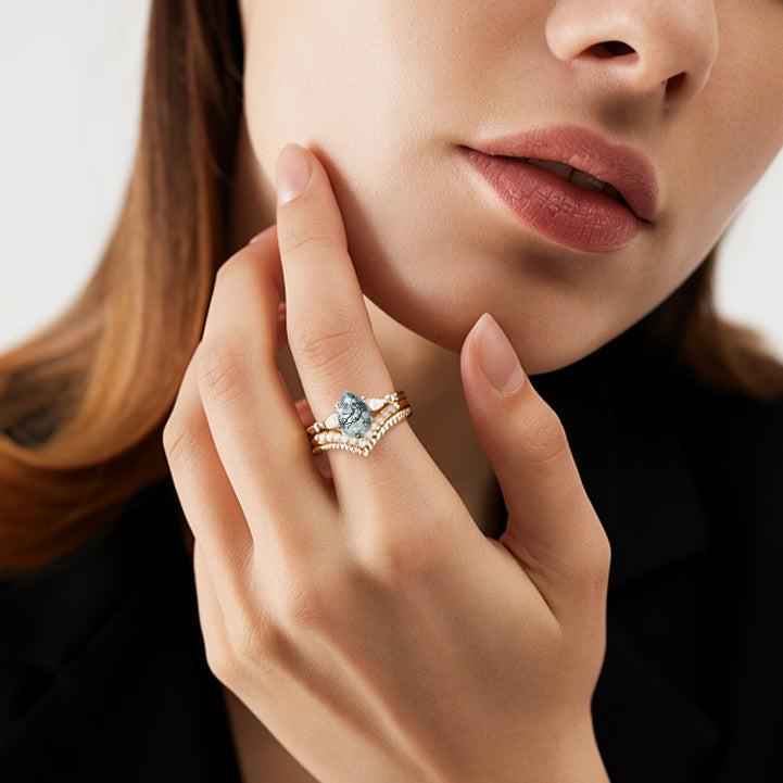 Pear Shaped Moss Agate Pearl Stacking Engagement Ring Set 3pcs.