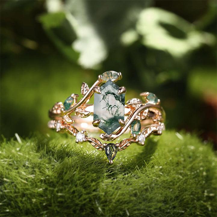 Daphne Moss Agate Hexagon Vine Emerald Engagement Ring Set 2pcs.