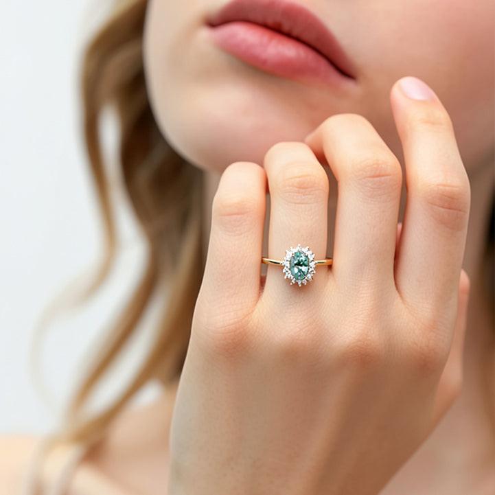 Lewis Grove | Oval Moss Agate & Moissanite Engagement Ring.
