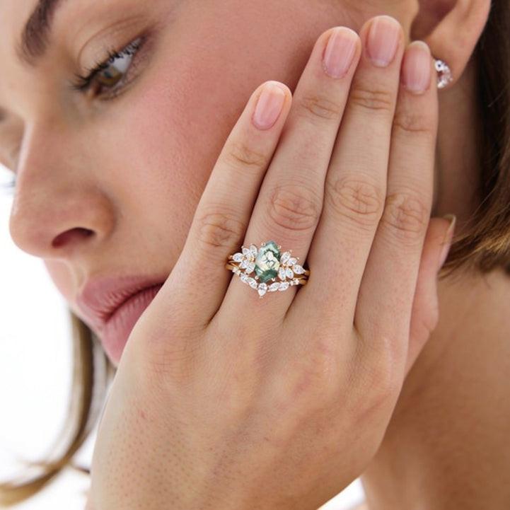 Meadow Hexagon Cut Moss Agate Vintage Ring Set 2pcs.
