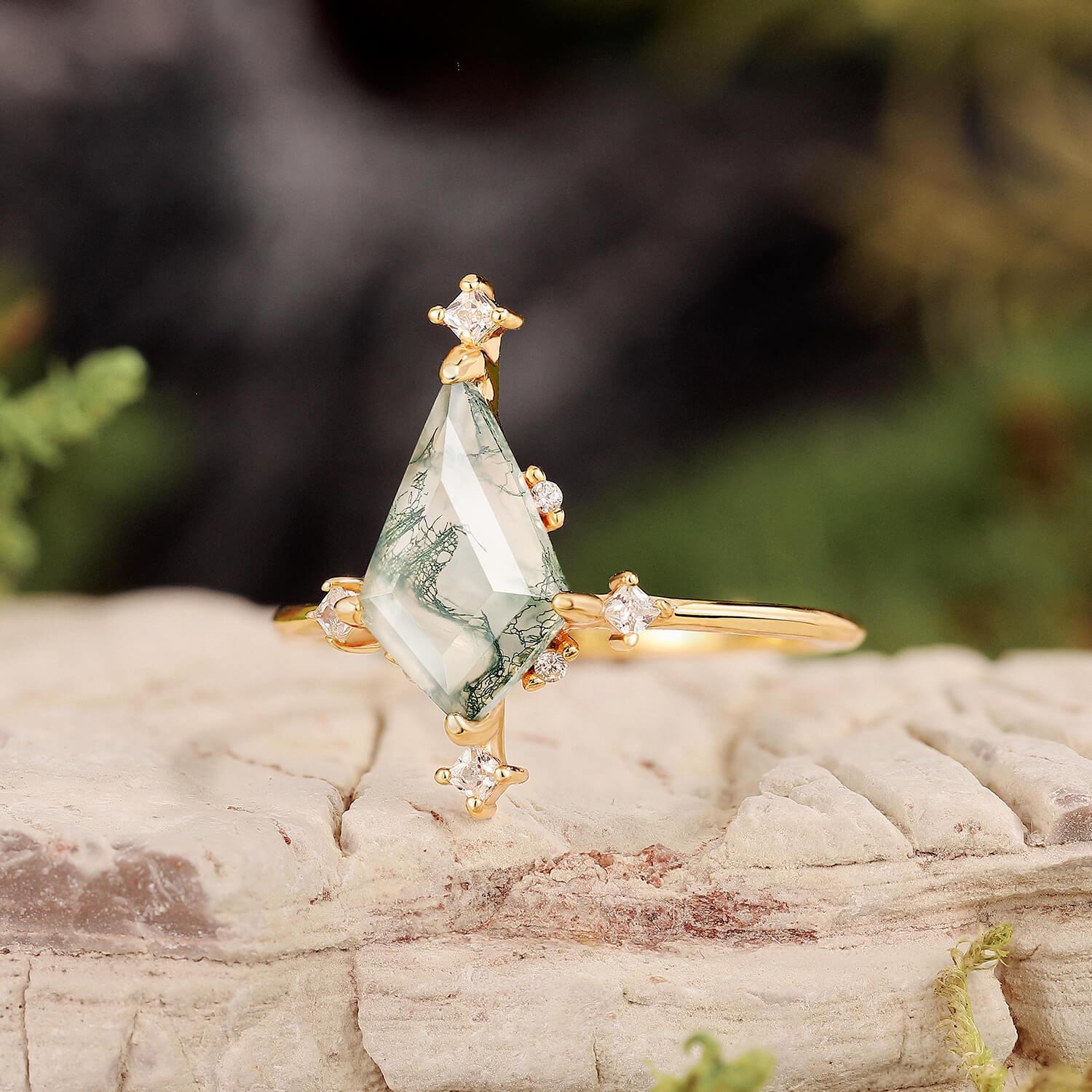 Nature Inspired Kite Cut Moss Agate Engagement Ring Set.