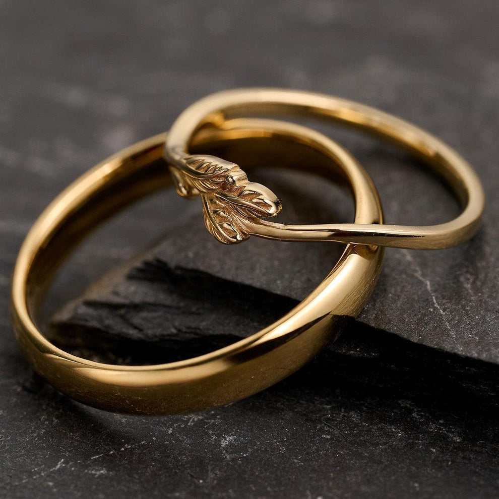 The Minimalist Pair – Classic & Leaf Designs in Polished Wedding Bands.