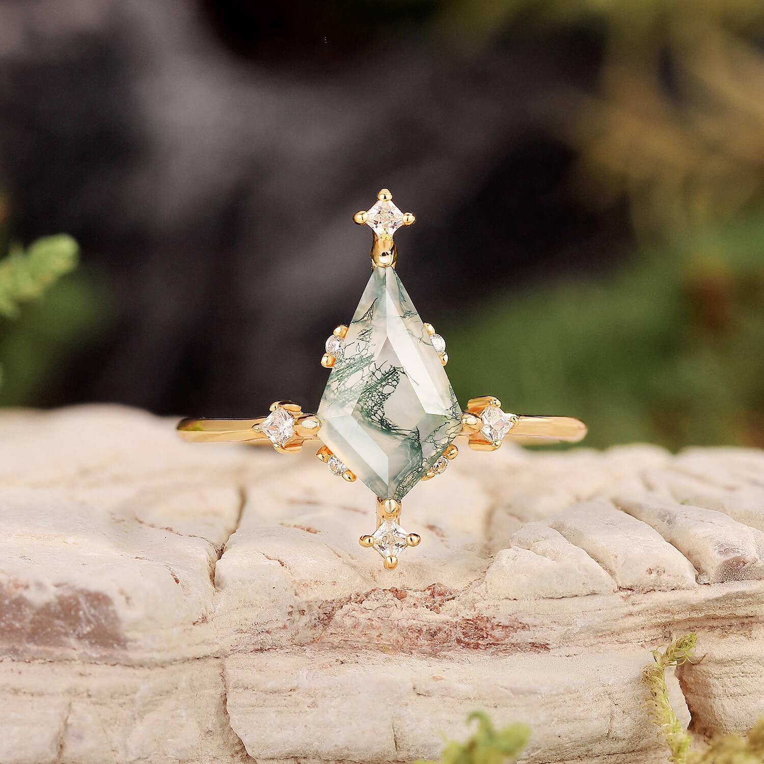 Nature Inspired Kite Cut Moss Agate Engagement Ring Set.