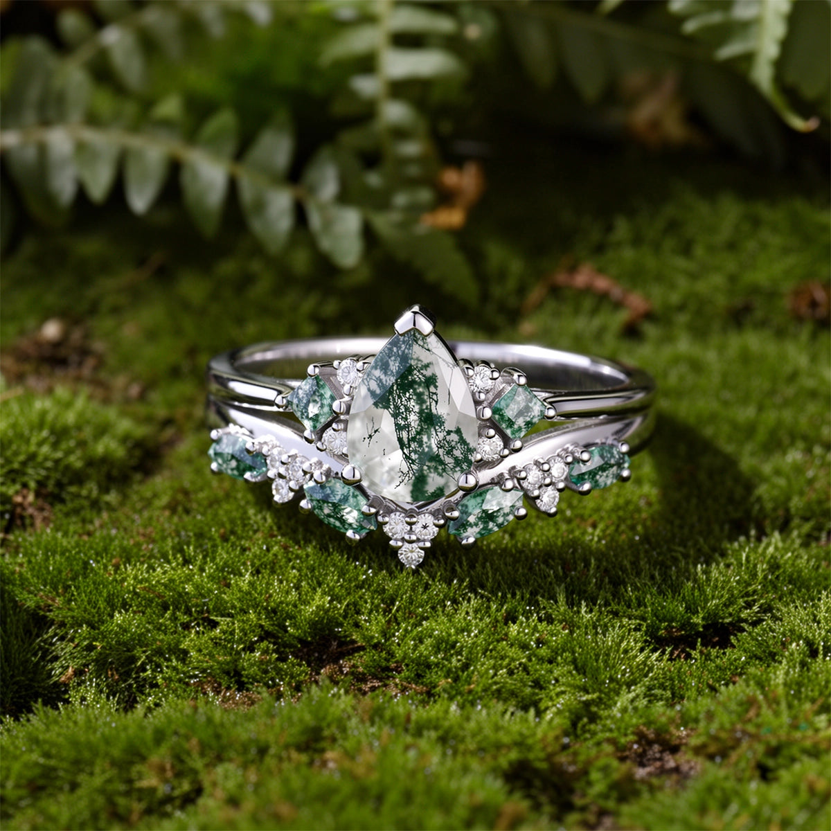 Sylvie’s Vine | Pear Cut Moss Agate Engagement Ring Set 2pcs.