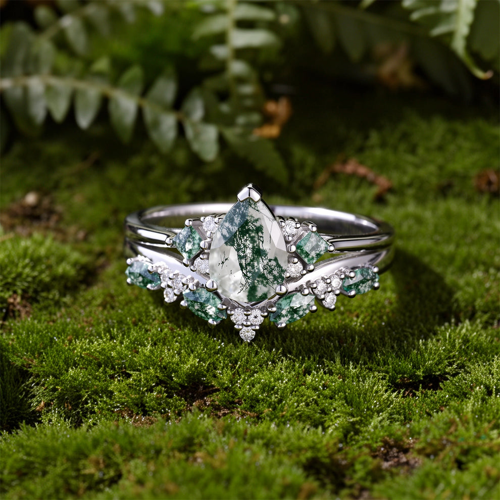 Sylvie’s Vine | Pear Cut Moss Agate Engagement Ring Set 2pcs.