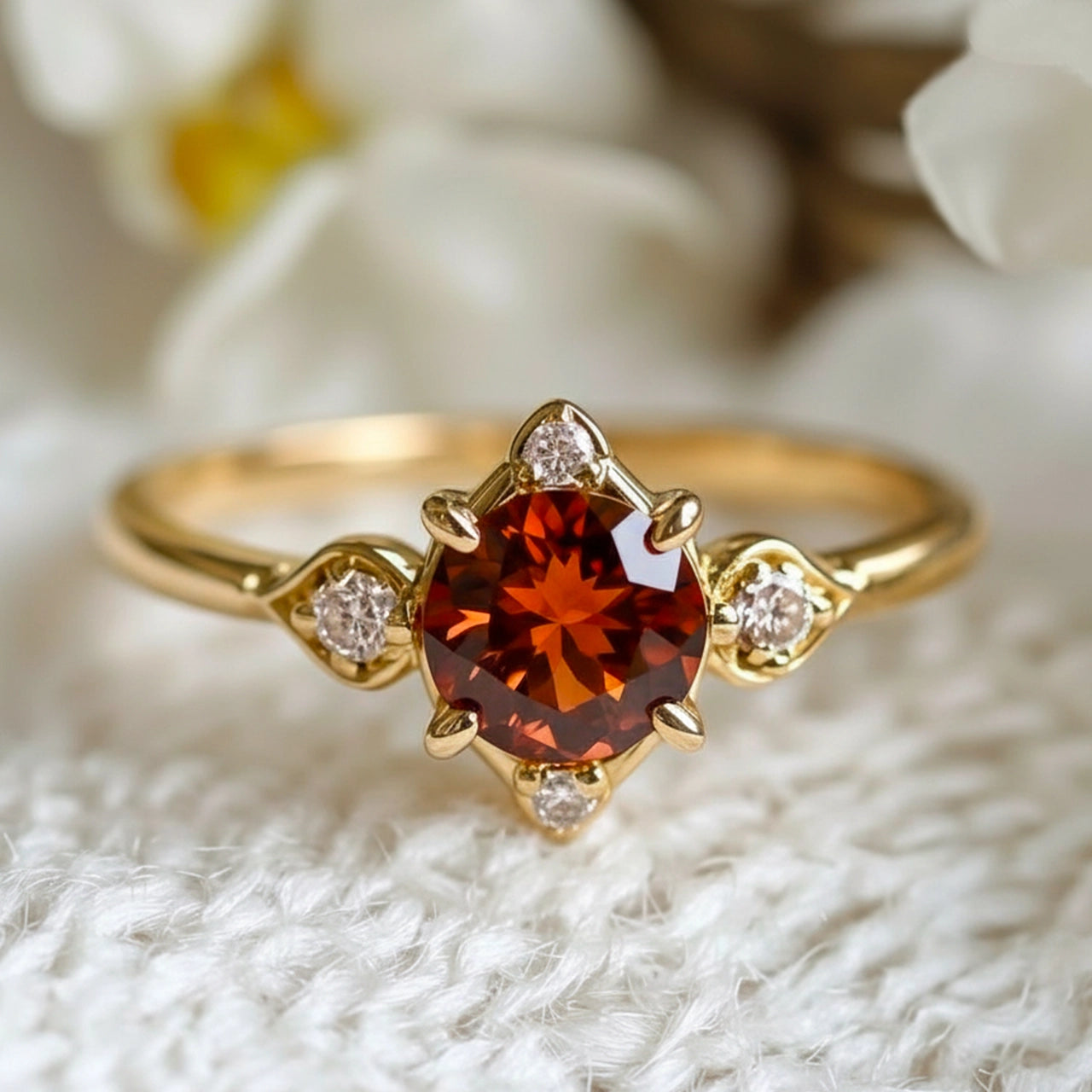 Juliet’s Crimson | Round Cut Garnet Halo Engagement Ring.